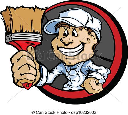 Vector Clipart Of Happy Painter Contractor With Paint Brush Cartoon