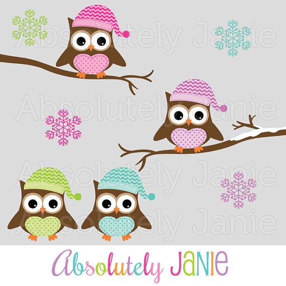 Winter Owls Clipart   Holiday Christmas Digital Clip Art   Colorful    