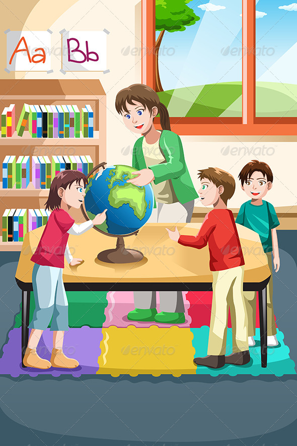 Vector Illustration Of Kindergarten Teacher And Students Looking At