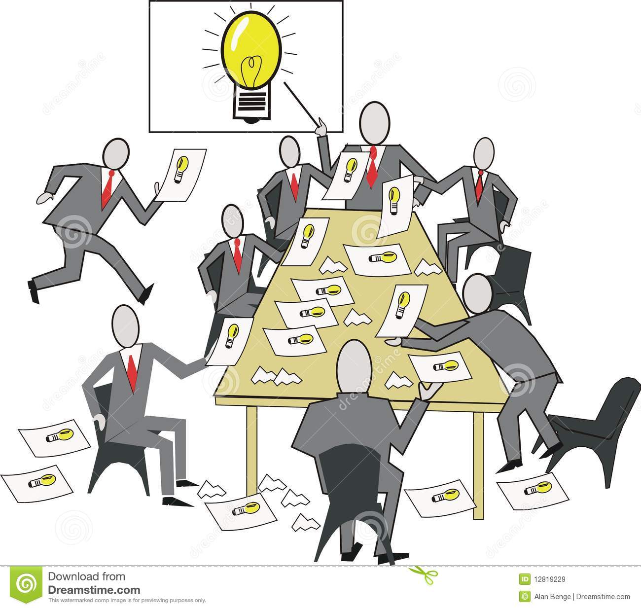 Cartoon Of Business Meeting With Team Producing Ideas During