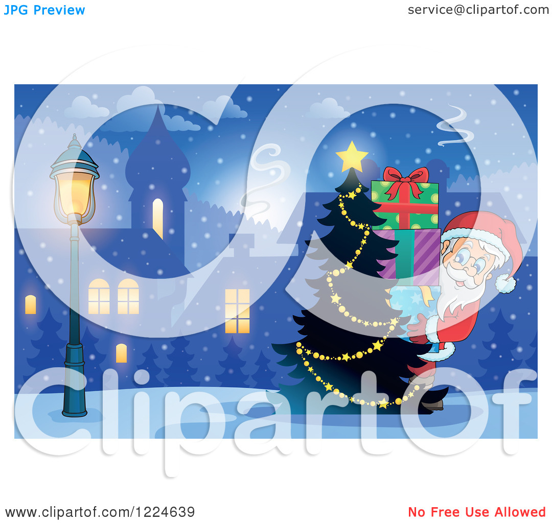 Clipart Of Santa Carrying A Stack Of Christmas Presents Around A    