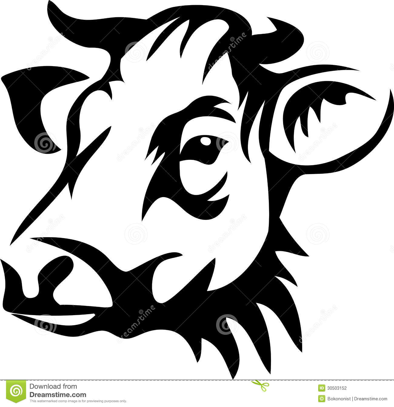 Head Of Horned Cow   Black And White Illustration