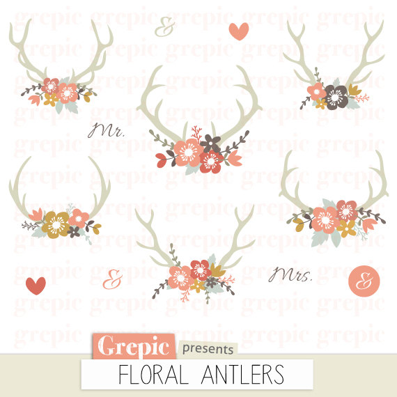 Sale 50  Floral Antlers  Rustic Wedding Clipart Antler Clip Art