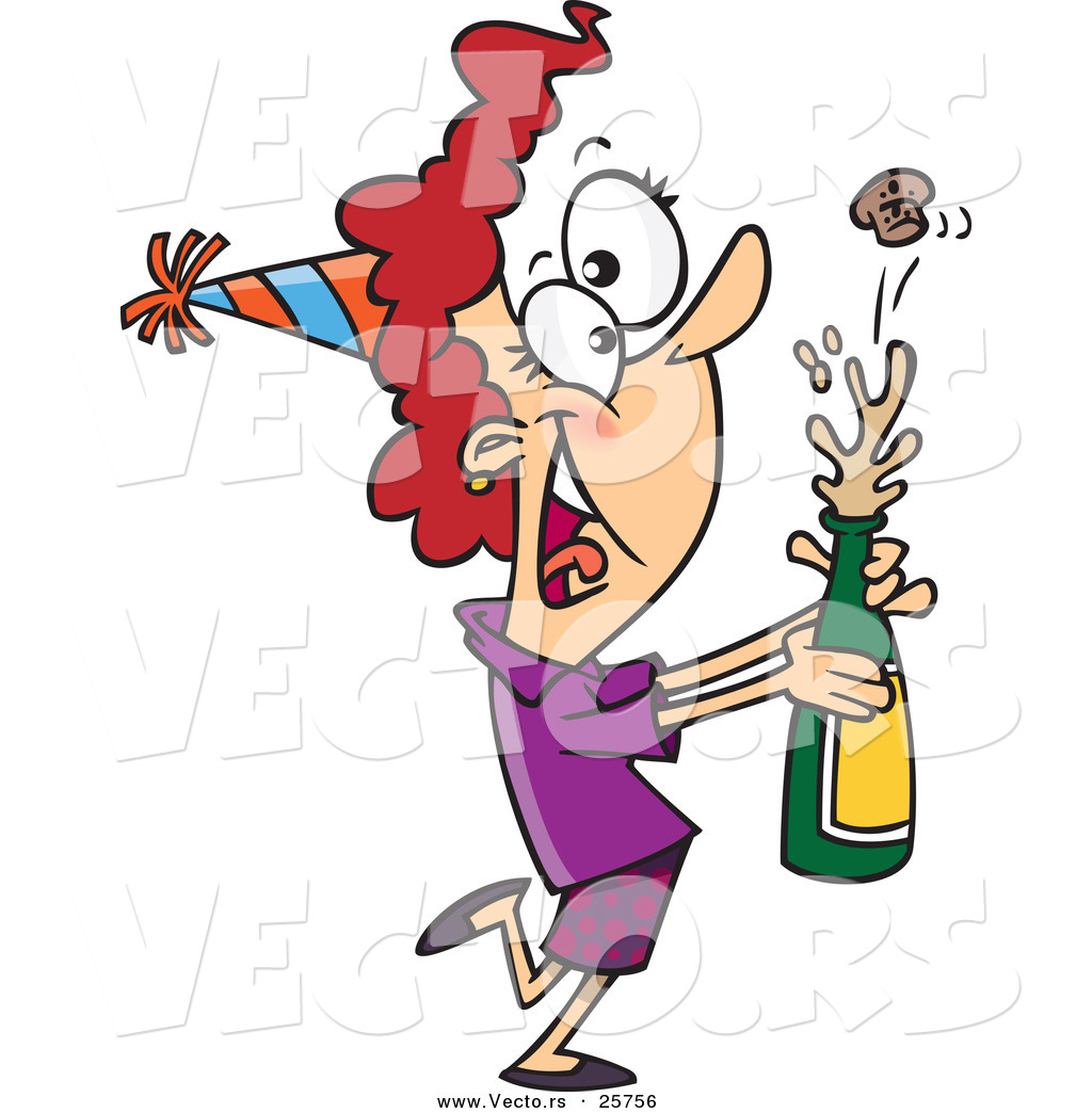 Cartoon Vector Of A Happy Girl Opening A Bottle Of Wine At A New Year