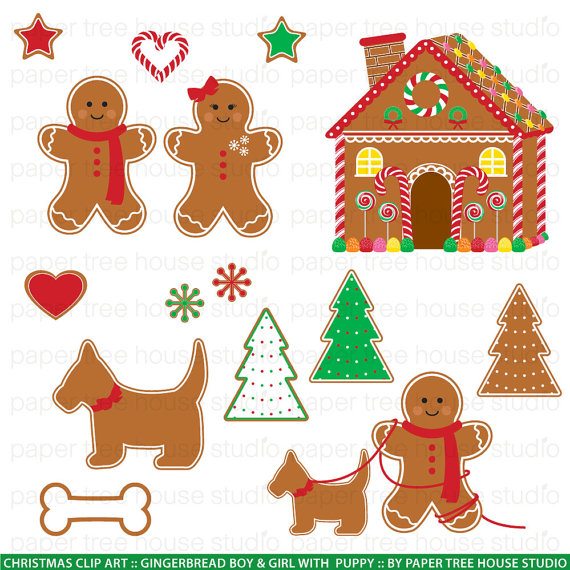 Clip Art Set   Gingerbread Boy Girl Puppy And House   Christmas